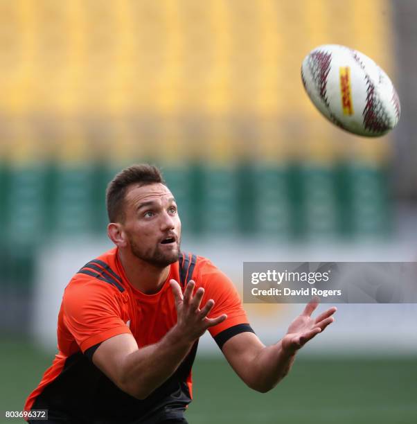 Aaron Cruden catches the ball during the New Zealand All Blacks Captain's Run at Westpac Stadium on June 30, 2017 in Wellington, New Zealand.