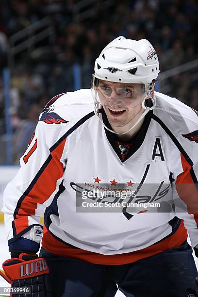 Sergei Fedorov of the Washington Capitals gets set for a faceoff against the Atlanta Thrashers at Philips Arena on March 21, 2008 in Atlanta, Georgia.