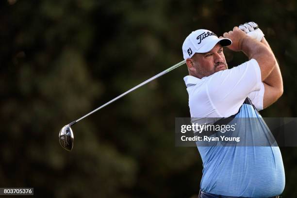 Brandon de Jonge tees off on the 18th hole during the first round of the Web.com Tour Nashville Golf Open Benefitting the Snedeker Foundation at...