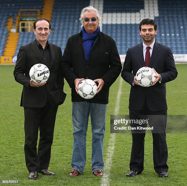 Lotto sponsor Andrea Tomat , QPR partner Flavio Briatore and Amit Bhatia pose during the Queens Park Rangers Kit Launch at Loftus Road Stadium on...