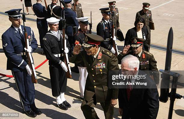 Defense Secretary Robert Gates welcomes the arrival of Egyptian Defense Minister Mohamed Hussein Tantawi March 25, 2008 at the Pentagon in Arlington,...