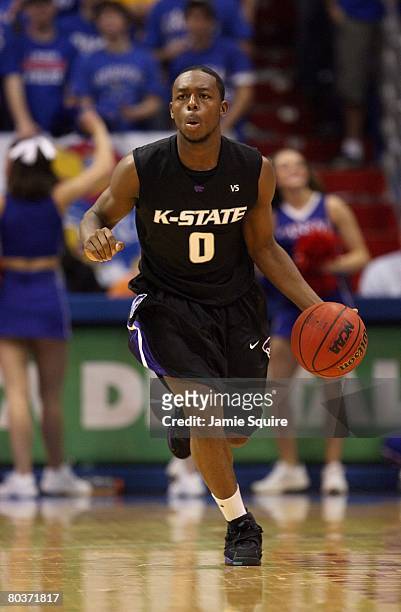 Jacob Pullen of the Kansas State Wildcats dribbles the ball upcourt against the Kansas Jayhawks during their game on March 1, 2008 at Allen...