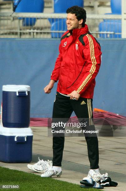 Michael Ballack smiles during the German National Team training session at the St. Jakob Park Stadium on March 25, 2008 in Basel, Switzerland.