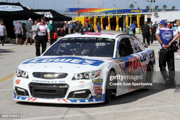 Jimmie Johnson, driver of the Lowe's Chevy dduring practice for the Coke Zero 400 Monster Energy Cup Series race on June 29 at Daytona International...