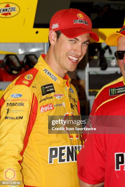 Joey Logano, driver of the Shell Pennzoil Ford dduring practice for the Coke Zero 400 Monster Energy Cup Series race on June 29 at Daytona...