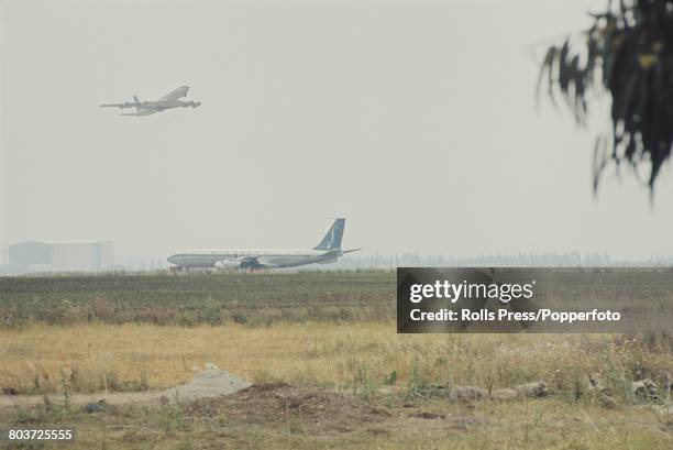 View of the Boeing 707 aircraft of Belgian airline Sabena Flight 571 pictured on a runway at Lod airport in Tel Aviv, Israel after being hijacked by...