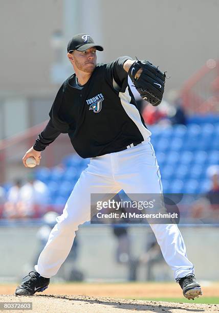 Pitcher Roy Halladay of the Toronto Blue Jays starts against the Tampa Bay Rays at Knology Park March 25, 2008 in Dunedin, Florida. The Rays won 10 -...