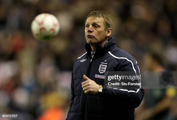 England coach Stuart Pearce gestures during the Under-21 International Friendly between England and Poland at Molineux on March 25, 2008 in...