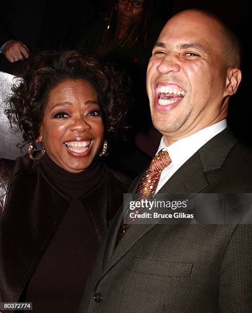 Producer Oprah Winfrey and The Mayor of Newark New Jersey Corey Booker pose at The Celebration for Chaka Khan, BeBe Winans and Lakisha Jones joining...
