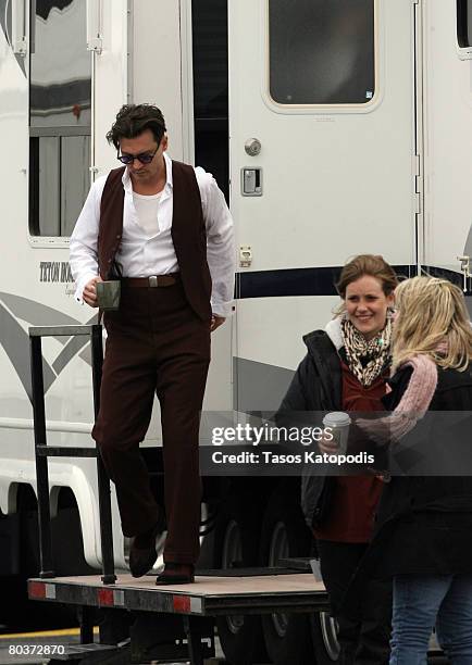 Actor Johnny Depp walks on Location filming "Public Enemies" March 25, 2008 in Crown Point, Indiana. The movie is based on the 1930's famous bank...