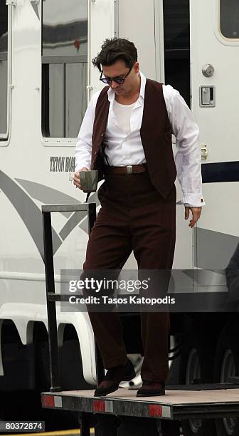 Actor Johnny Depp walks on Location filming "Public Enemies" March 25, 2008 in Crown Point, Indiana. The movie is based on the 1930's famous bank...