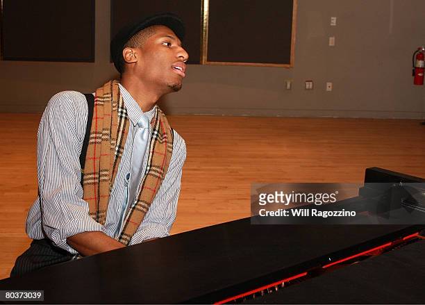 Pianist Jonathan Batiste performs at a briefing on recovery and the cultural economy of Louisiana at Frederick P. Rose Hall on March 25, 2008 in New...