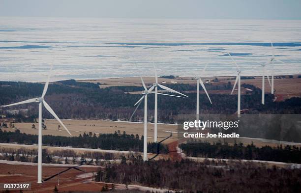 Wind turbines are seen at the Eastern Kings Wind Farm on March 24, 2008 at East Point, Prince Edward Island, Canada. The turbines are owned and...