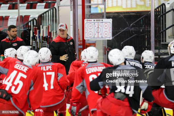 Mike Vellucci, the new head coach of the Charlotte Checkers, instructs players during the Carolina Hurricanes Development Camp on June 29, 2017 at...