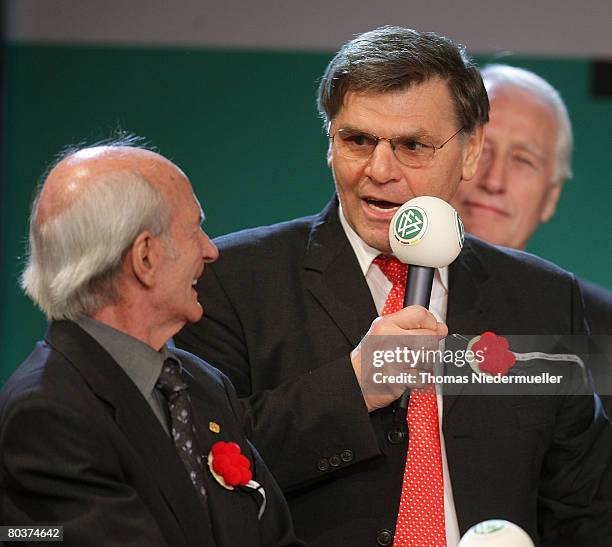 Dettmar Cramer and Wolfgang Weber are seen during the gala of German football legends at the Konzerthaus on March 25, 2007 in Freiburg, Germany. The...