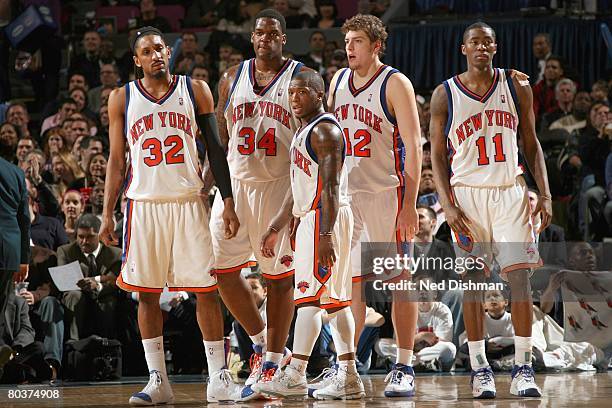 Renaldo Balkman, Eddy Curry, Nate Robinson#4, David Lee, Jamal Crawford of the New York Knicks walk on court against the Toronto Raptors on January...