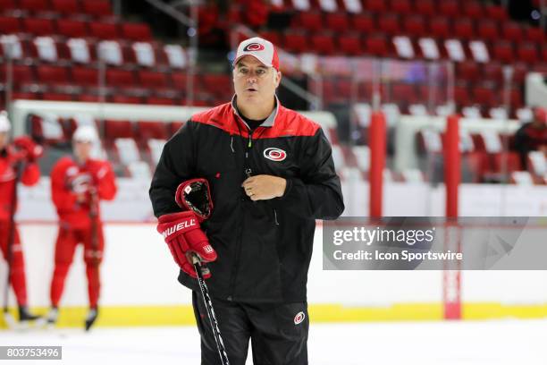 Mike Vellucci, the new head coach of the Charlotte Checkers, during the Carolina Hurricanes Development Camp on June 29, 2017 at the PNC Arena in...