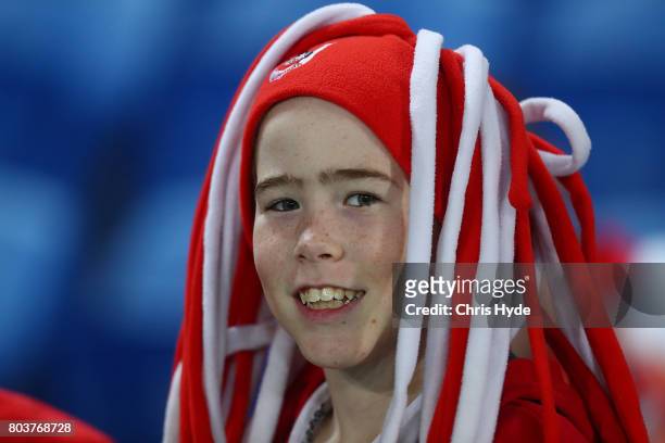 Dragon fans before the round 17 NRL match between the Gold Coast Titans and the St George Illawarra Dragons at Cbus Super Stadium on June 30, 2017 in...