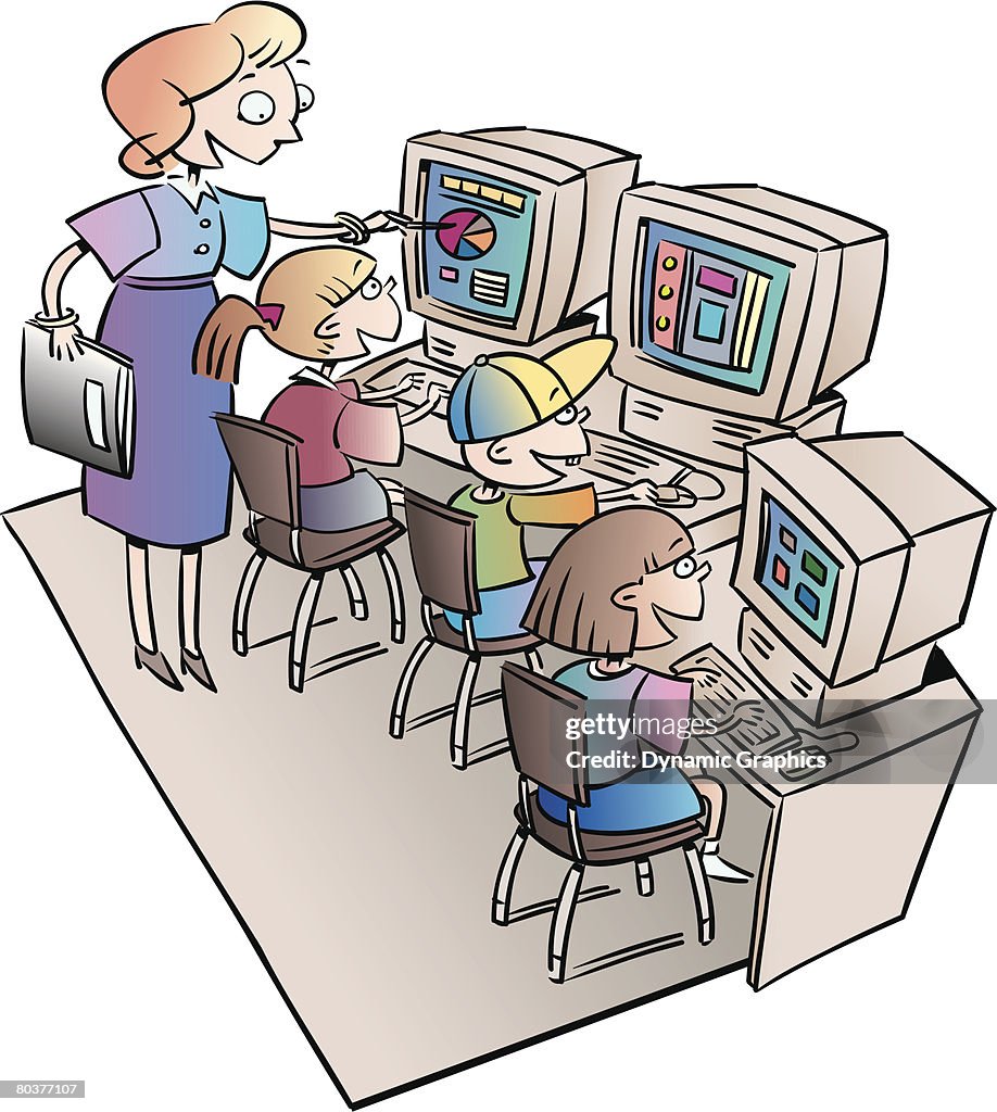 Children In Computer Classroom Grouped Elements Color Illustrator Ver 5 ...
