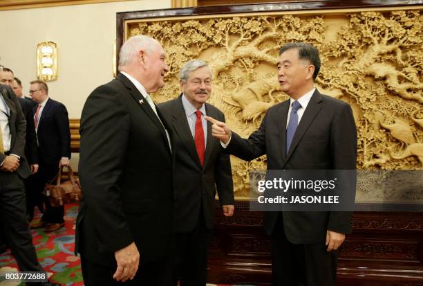 China's Vice Premier Wang Yang meets with US Secretary of Agriculture Sonny Perdue and US ambassador to China, Terry Branstad , at the Zhongnanhai...