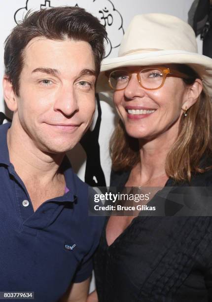 Andy Karl and Allison Janney pose backstage at the hit musical "Groundhog Day" on Broadway at The August Wilson Theatre on June 29, 2017 in New York...