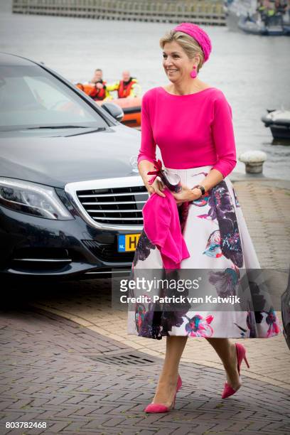 Queen Maxima of The Netherlands visits the harbor of Urk during their region visit to Noord-Oost Flevoland on June 29, 2017 in Urk, Netherlands.