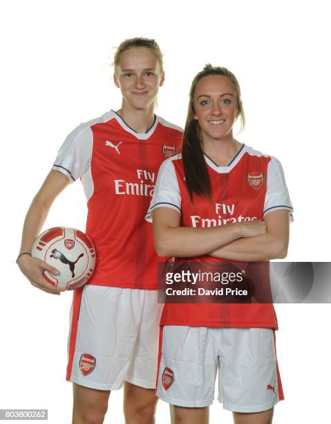 Arsenal Ladies signings Lisa Evans and Vivianne Miedema pose during a photocall at London Colney on May 16, 2017 in St Albans, England.
