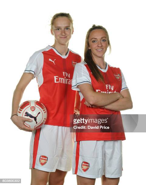 Arsenal Ladies signings Lisa Evans and Vivianne Miedema pose during a photocall at London Colney on May 16, 2017 in St Albans, England.