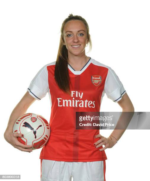 Arsenal Ladies latest signing Lisa Evans poses during a photocall at London Colney on May 16, 2017 in St Albans, England.