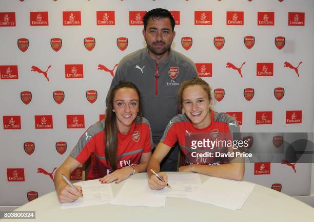 Arsenal Ladies latest signings Lisa Evans and Vivianne Miedema pose with Arsenal Ladies Manager Pedro Martinez Losa during a photocall at London...