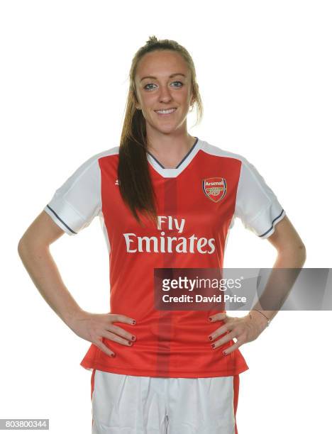 Arsenal Ladies latest signing Lisa Evans poses during a photocall at London Colney on May 16, 2017 in St Albans, England.