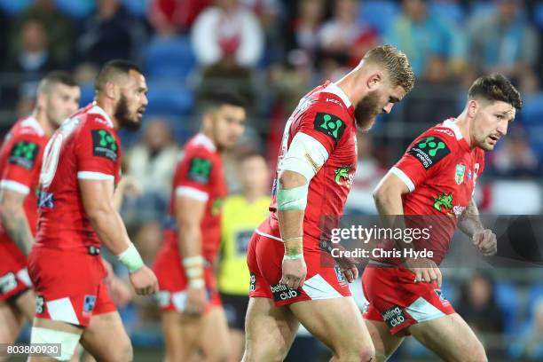 Jack de Berlin of the Dragons looks on during the round 17 NRL match between the Gold Coast Titans and the St George Illawarra Dragons at Cbus Super...