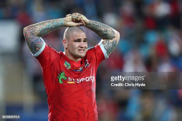 Russell Parker of the Dragons looks on during the round 17 NRL match between the Gold Coast Titans and the St George Illawarra Dragons at Cbus Super...