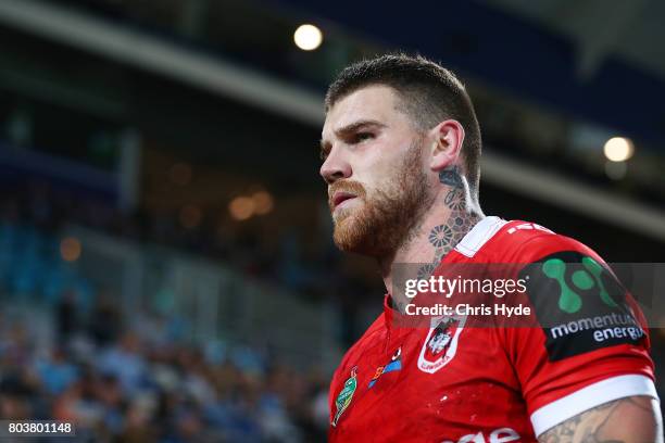 Josh Dugan of the Dragons looks on during the round 17 NRL match between the Gold Coast Titans and the St George Illawarra Dragons at Cbus Super...