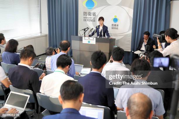 Defense Minister Tomomi Inada speaks during a press conference at the Defense Ministry on June 30, 2017 in Tokyo, Japan. Defense Minister Tomomi...