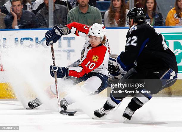 David Booth of the Florida Panthers makes a sharp turn against Dan Boyle of the Tampa Bay Lightning at St. Pete Times Forum on March 25, 2008 in...