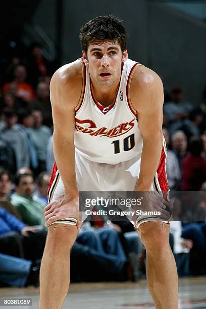Wally Szczerbiak of the Cleveland Cavaliers looks on during the NBA game against the Portland Trail Blazers on March 10, 2008 at Quicken Loans Arena...