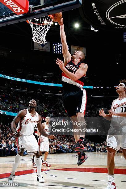 Joel Przybilla of the Portland Trail Blazers goes up for the shot during the NBA game against the Cleveland Cavaliers on March 10, 2008 at Quicken...