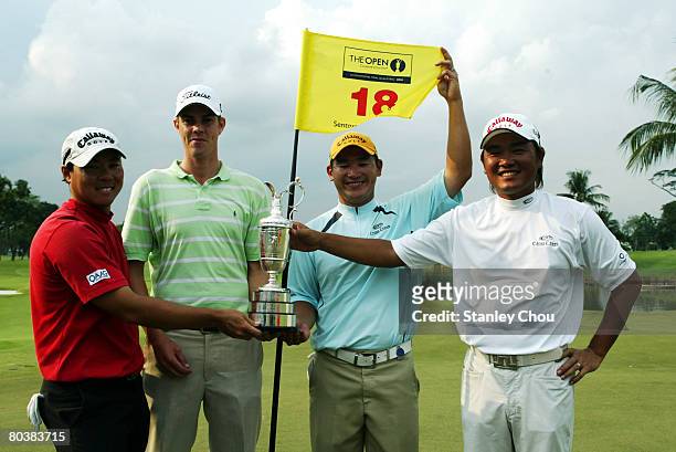 The Open Final Qualifiers Lam Chih Bing of Singapore, Adam Blyth of Australia, Angelo Que of the Philippines and Danny Chia of Malaysia celebrate...