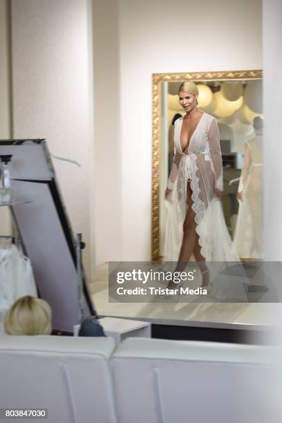 Micaela Schaefer is seen in Berlin shopping for a wedding dress at Crusz on June 30, 2017 in Berlin, Germany.