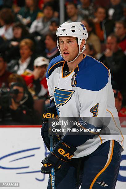 Eric Brewer of the St. Louis Blues looks on against the Ottawa Senators on March 20, 2008 at Scotiabank Place in Ottawa, Ontario, Canada. The...