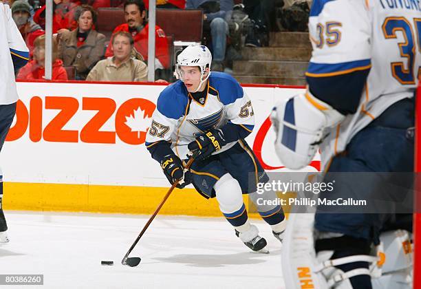 David Perron of the St. Louis Blues skates with the puck against the Ottawa Senators on March 20, 2008 at Scotiabank Place in Ottawa, Ontario,...