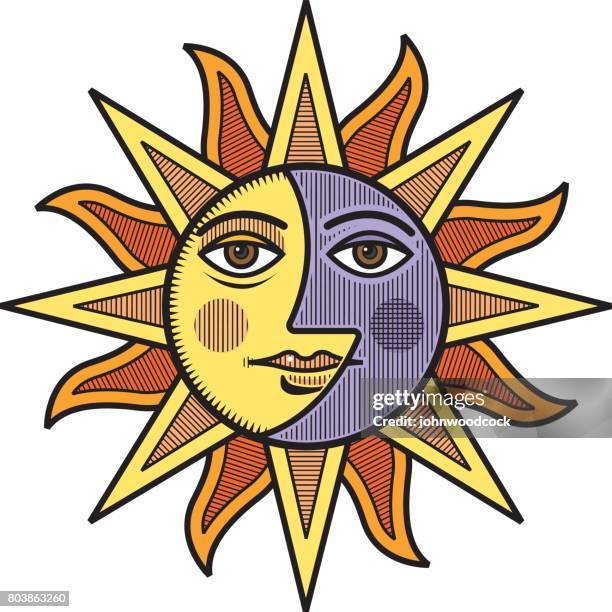 sun and moon face vector illustration - sun moon stock illustrations
