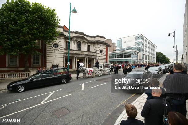 The coffin of Martyn Hett arrives at Stockport Town Hall for his funeral service on June 30, 2017 in Stockport, England. 29 year old Martyn Hett was...