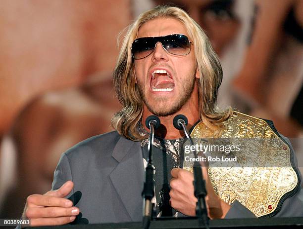 Wrestler Edge speaks at a press conference for WrestleMania XXIV at the Hard Rock Cafe on March 26, 2008 in New York City.