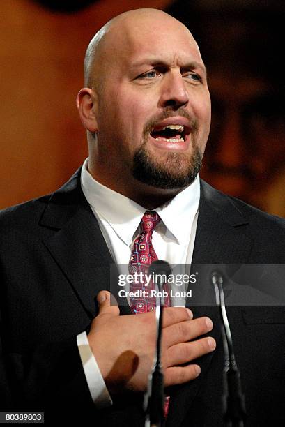 Wrestler Big Show speaks at a press conference for WrestleMania XXIV at the Hard Rock Cafe on March 26, 2008 in New York City.