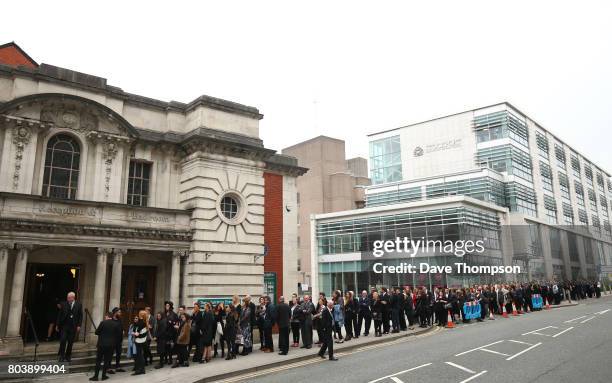 Mourners arrive for the funeral of Martyn Hett at Stockport Town Hall on June 30, 2017 in Stockport, England. 29 year old Martyn Hett was one of 22...