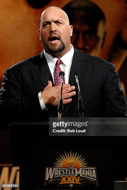 Wrestler Big Show speaks at a press conference for WrestleMania XXIV at the Hard Rock Cafe on March 26, 2008 in New York City.