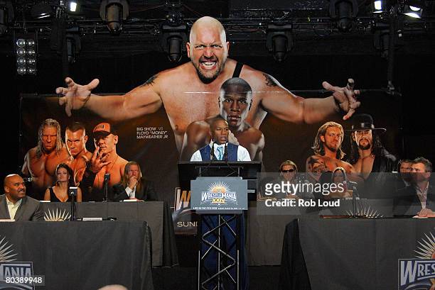 Boxer Floyd "Money" Mayweather Jr. Attends a press conference for WrestleMania XXIV at the Hard Rock Cafe on March 26, 2008 in New York City.