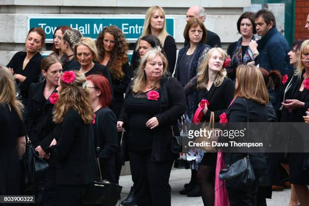 Mourners arrive for the funeral of Martyn Hett at Stockport Town Hall on June 30, 2017 in Stockport, England. 29 year old Martyn Hett was one of 22...